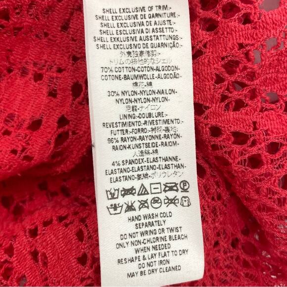 FREE PEOPLE Coral Red Eyelet Cut Out Sheer Boho Mini Dress Size Medium Cover Up - Picture 6 of 6